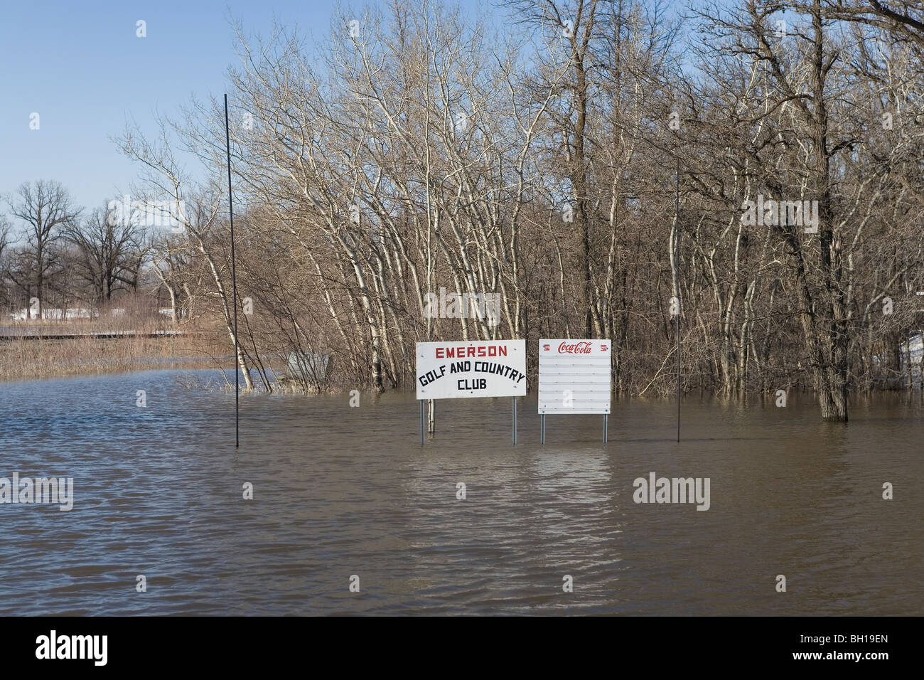 Floodwaters from Red River at town of Emerson, Manitoba, Canada Stock Photo