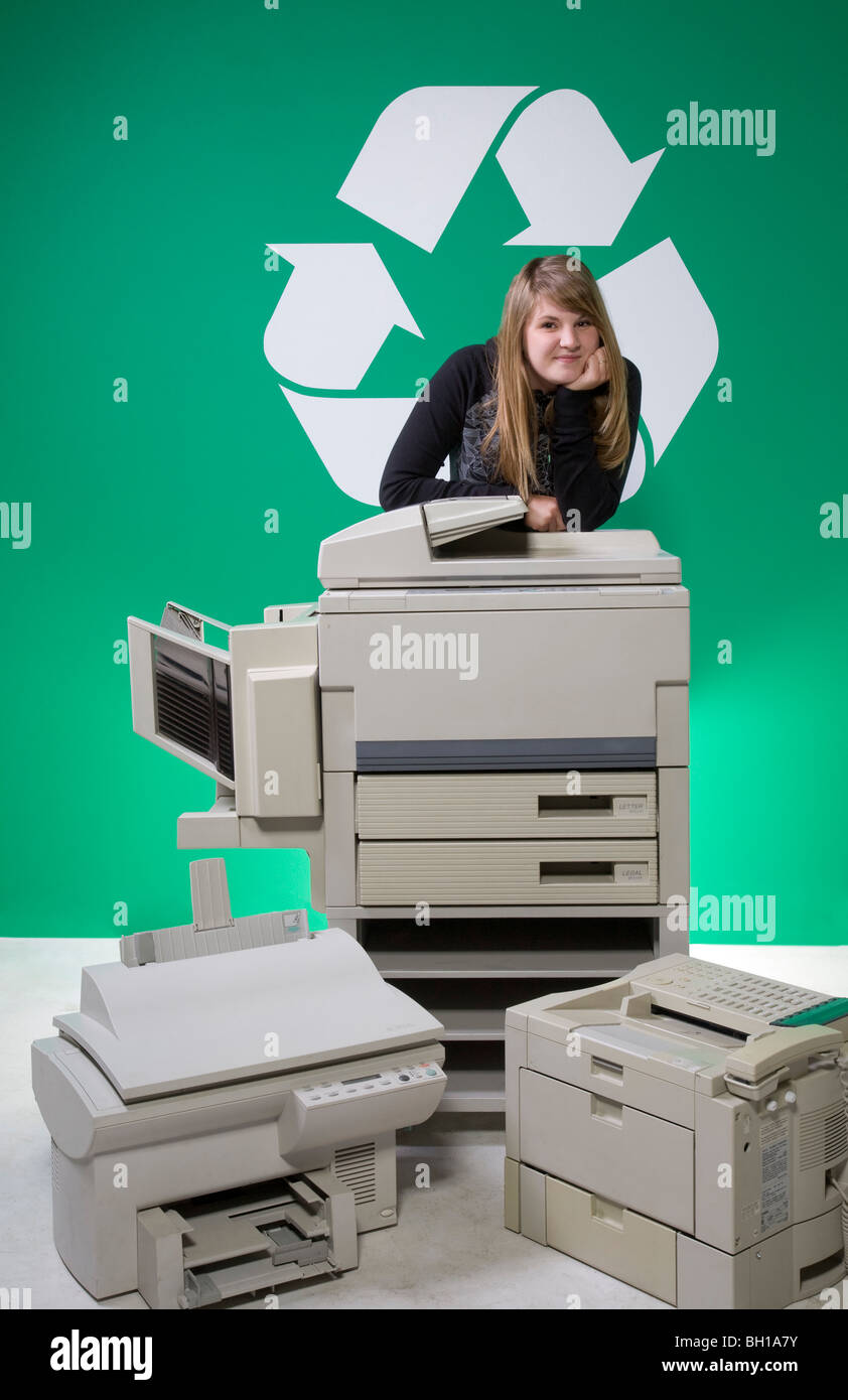 Woman recycling copiers Stock Photo Alamy