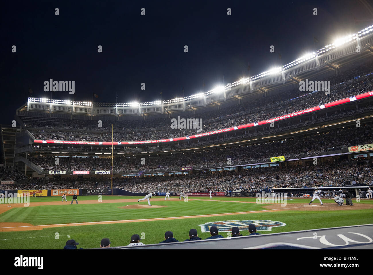 A night playoff baseball game at the new Yankee Stadium in New York