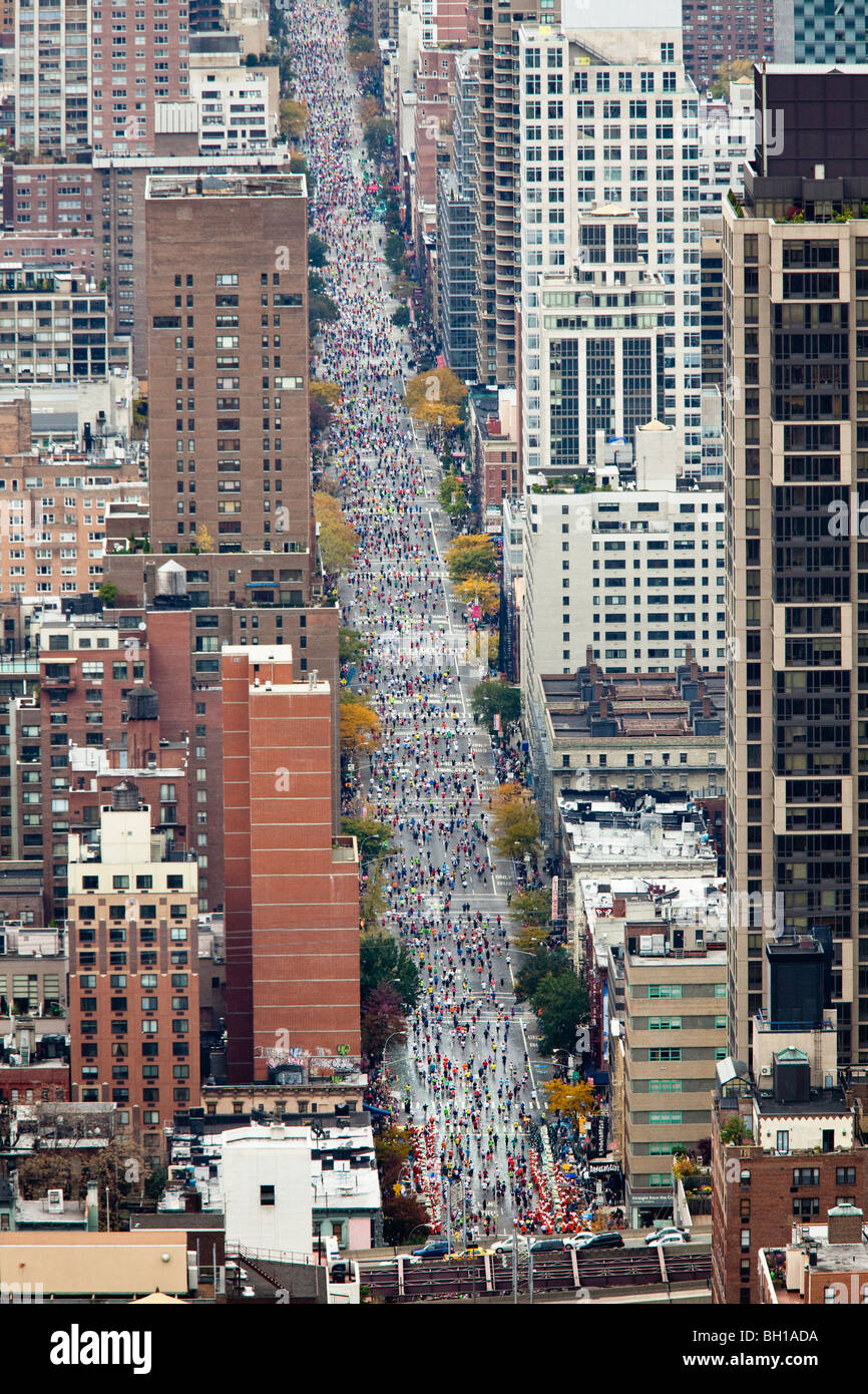 View up First Avenue as New York City Marathon runners have entered Manhattan. Stock Photo