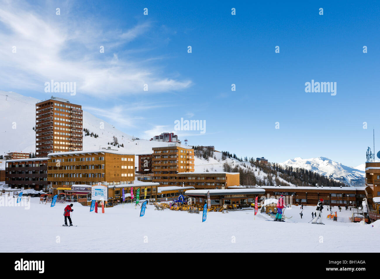 Bottom of the slopes in La Plagne Centre,Tarentaise, Savoie, France Stock Photo