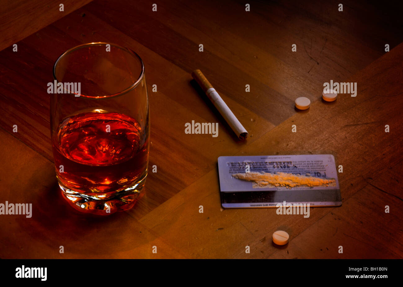 Conceptual image showing alcohol, tobacco, drugs habits or addiction. Stock Photo