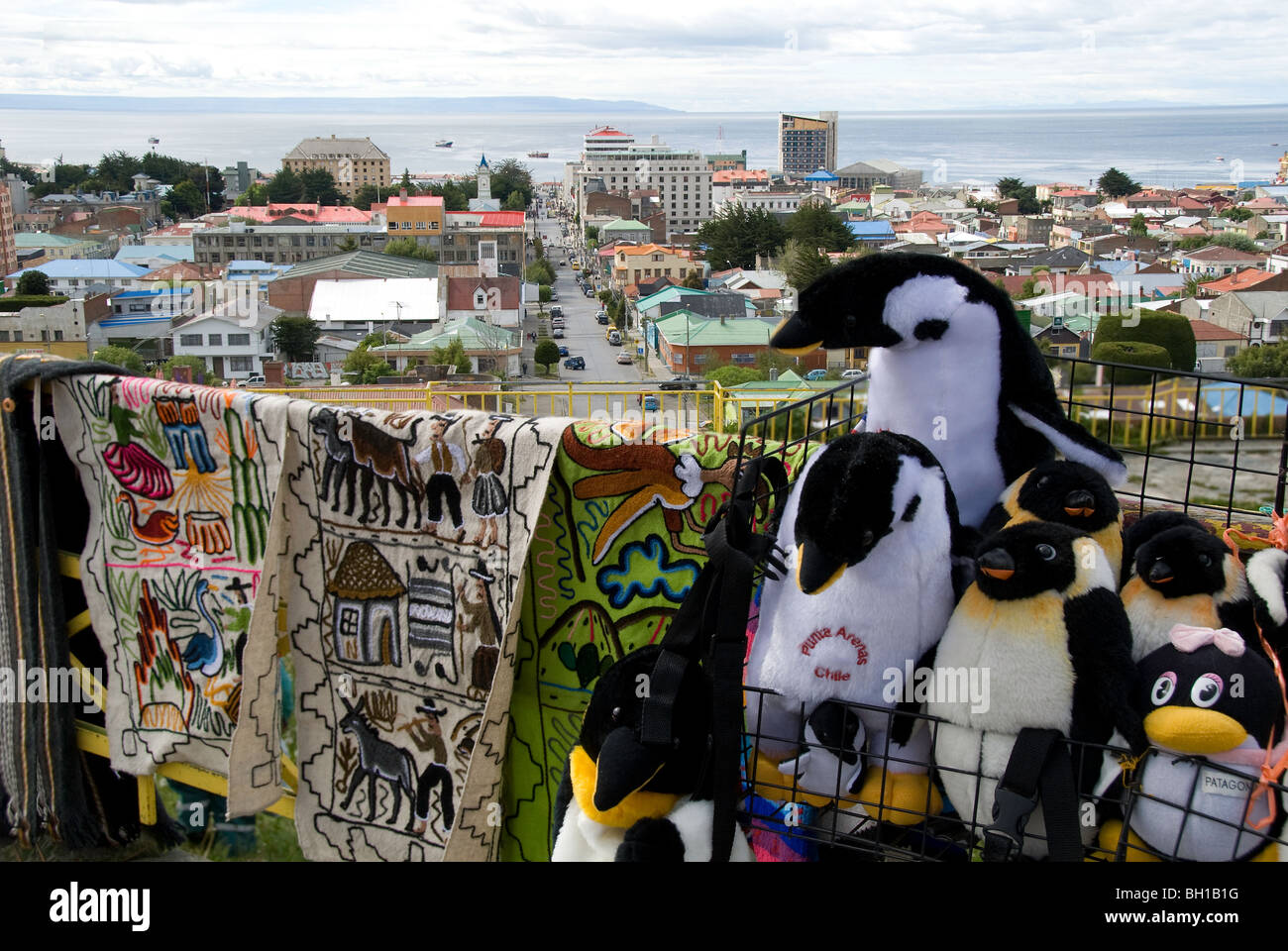 Handicrafts for sale overlooking city of Punta Arenas on the Strait of Magellan in Chile Stock Photo