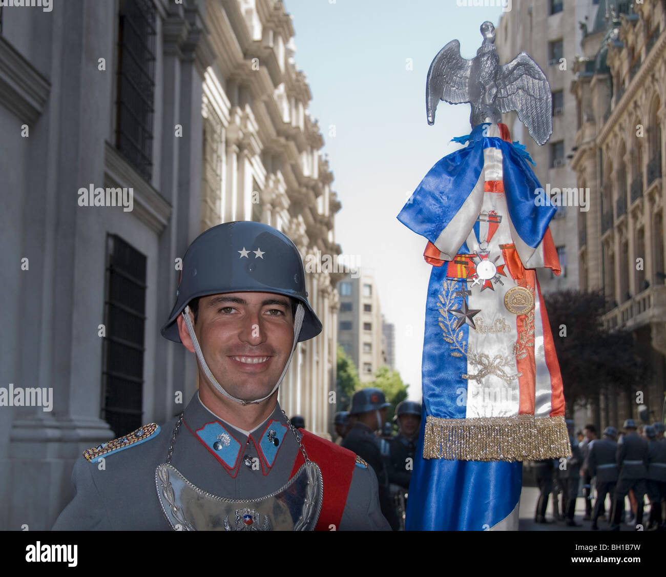 Army honor guard waiting at La Moneda Presidential Palace for a foreign dignitary's arrival in Santiago, Chile Stock Photo