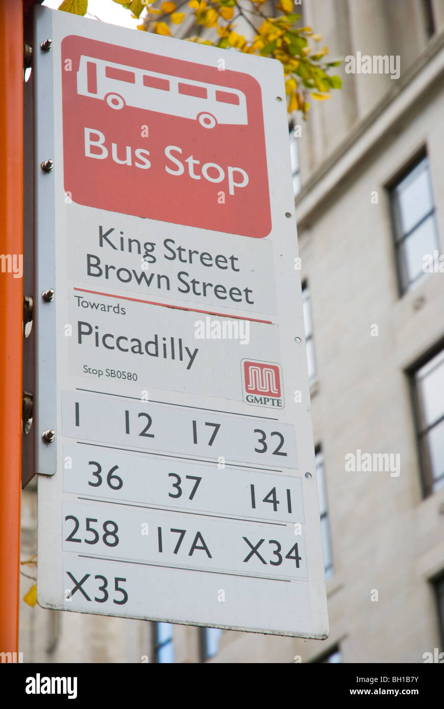 Bus stop sign King Street central Manchester England UK Europe Stock