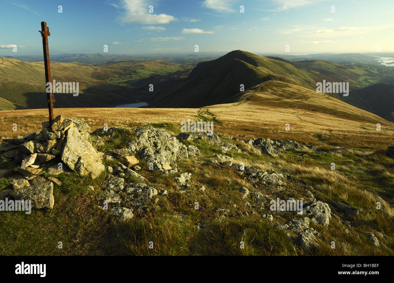 Cumbrian hill top 'High Street' in the English lakes region with views down to Thornthwaite Crag, Kentmere  and Troutbeck Stock Photo