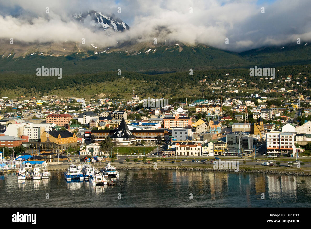 Port of Ushuaia, capital of the Tierra Del Fuego, Antarctica and Southern Atlantic Islands Province of Argentina Stock Photo
