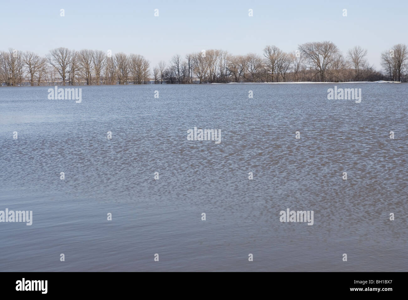 Floodwaters from Red River makes field look like a lake, rural Manitoba, Canada Stock Photo