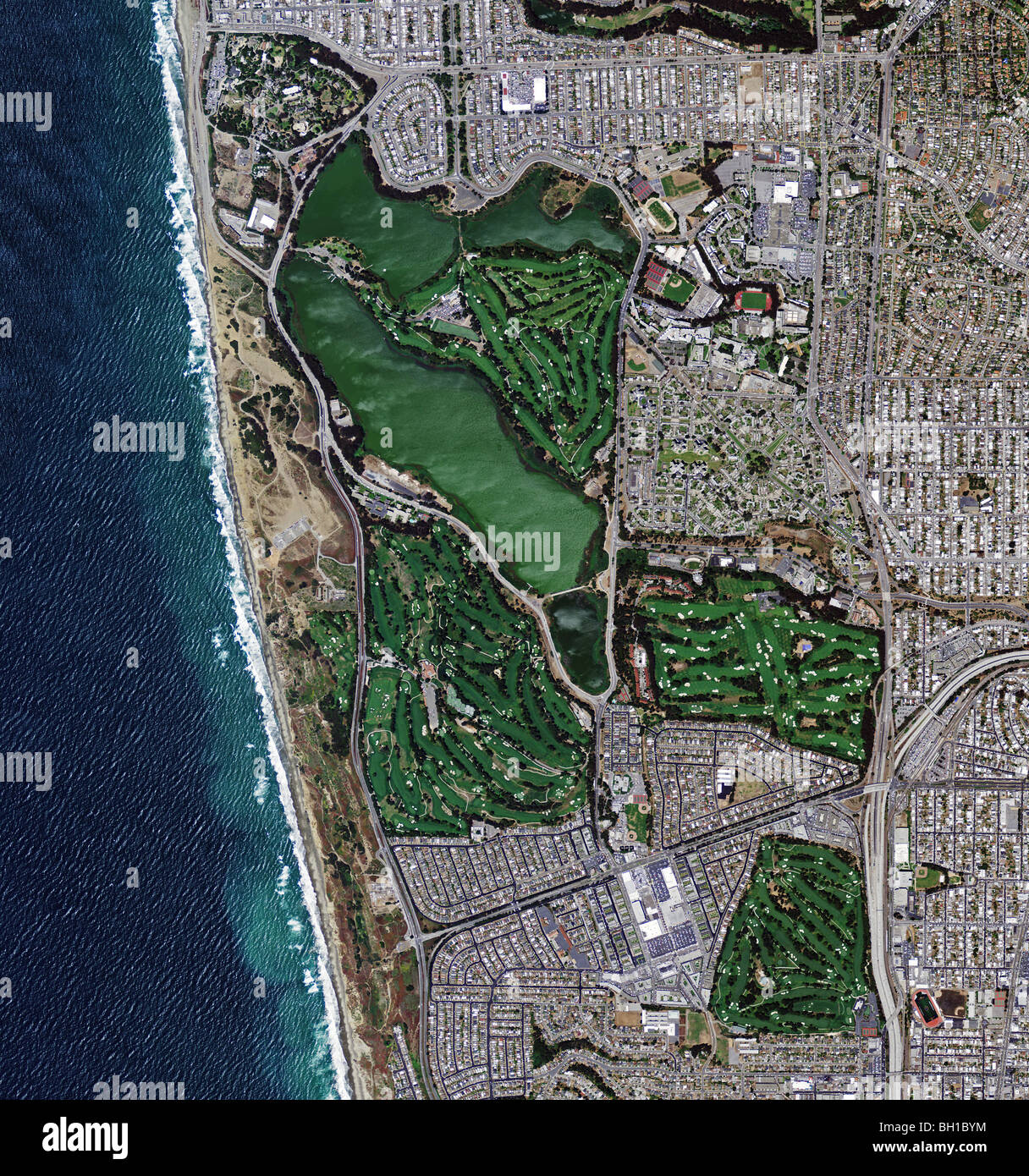 aerial map view above golf courses San Francisco Pacific Coast Stock Photo