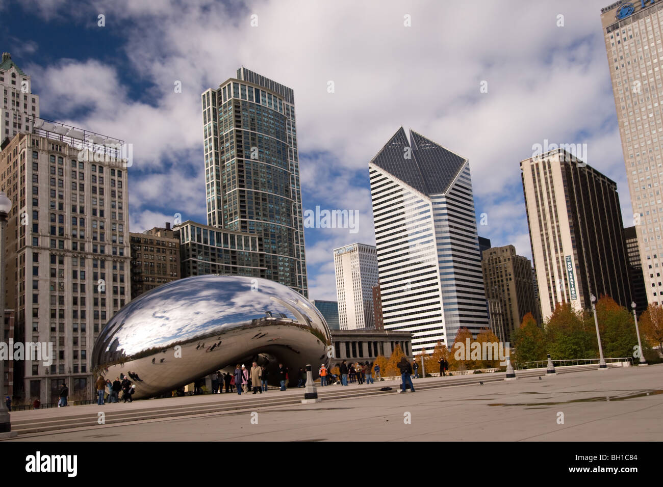 Chicago skyline including Millennium Park with blue skies and fluffy ...