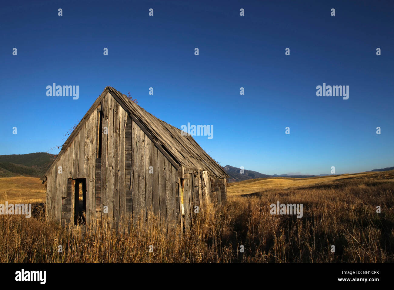 Abandoned, weathered, vacant settlers home in Idaho. Stock Photo