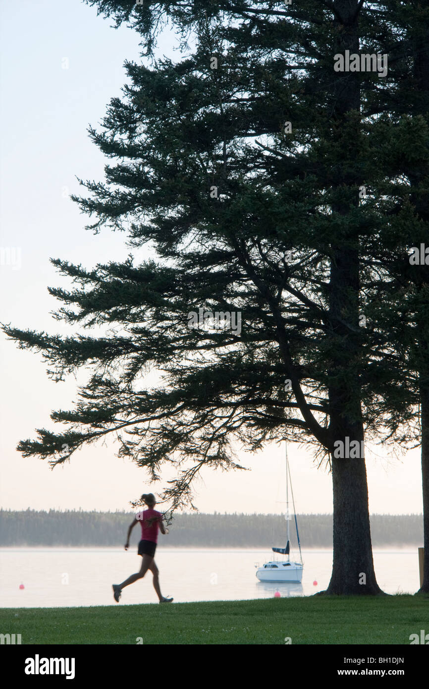 Silohuette of woman running by lakeshore, Clear Lake, Riding Mountain National Park, Manitoba, Canada Stock Photo