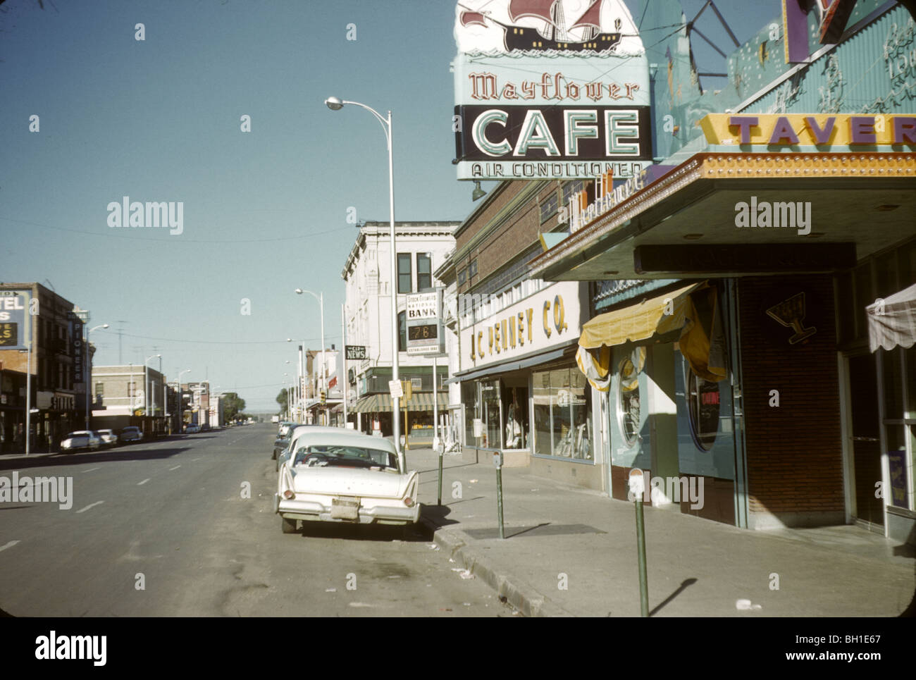 Street scene at the Mayflower Cafe and tavern in Cheyenne, Wyoming