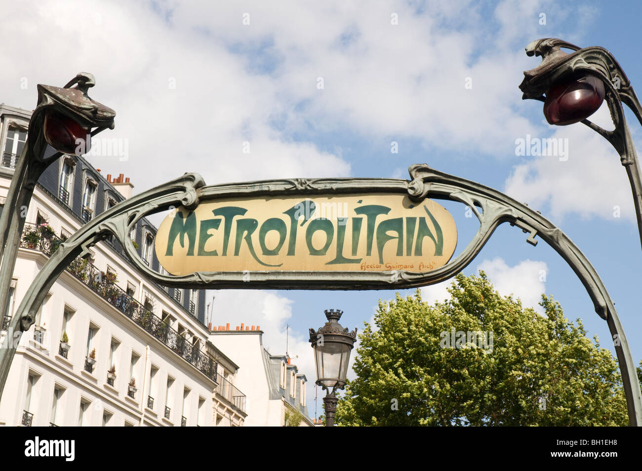 Paris Art Nouveau Metropolitain sign above Paris Metro stop Stock Photo