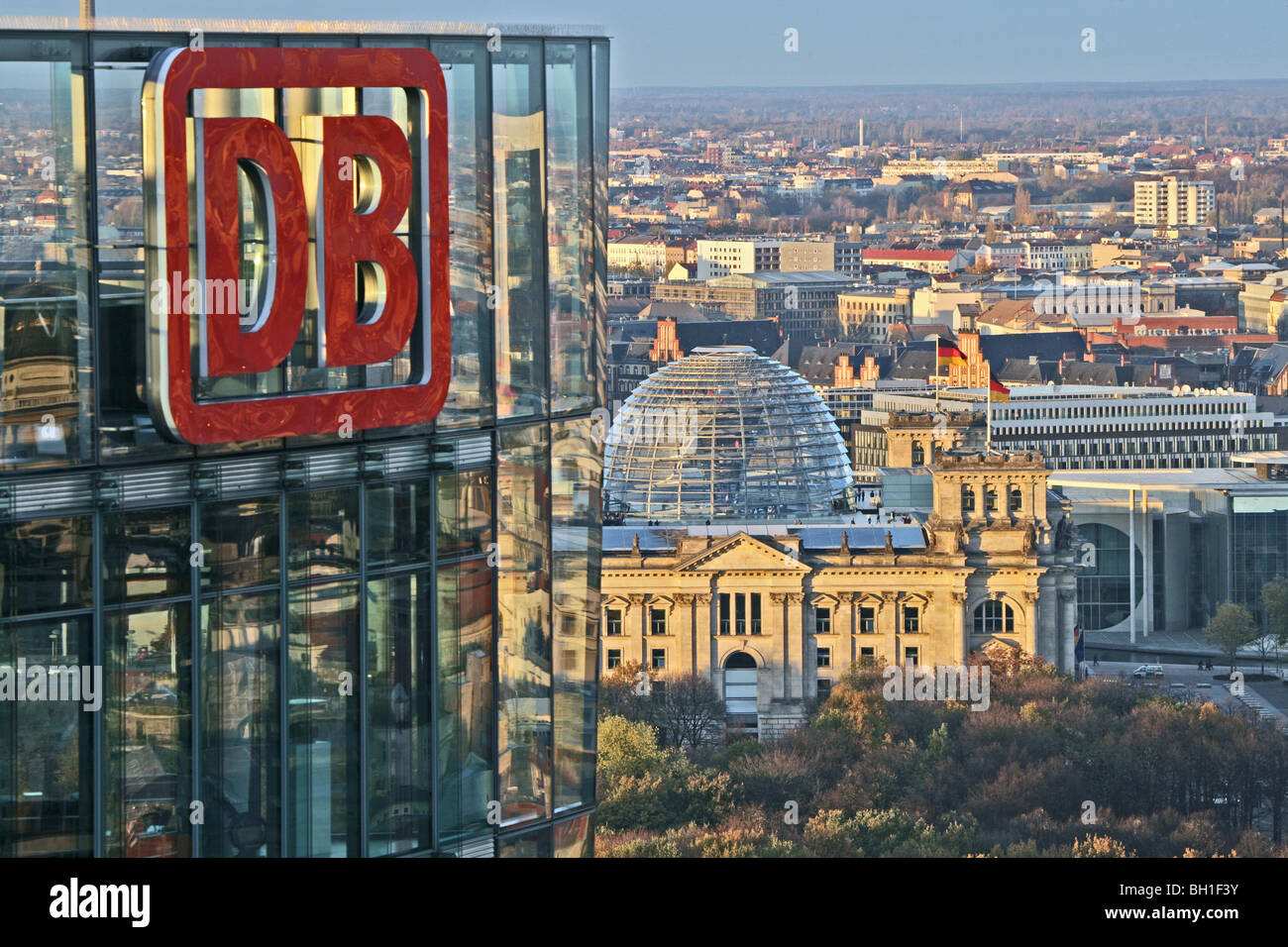 View at DB Tower, Sony Center and Reichstag, Berlin, Germany, Europe Stock Photo