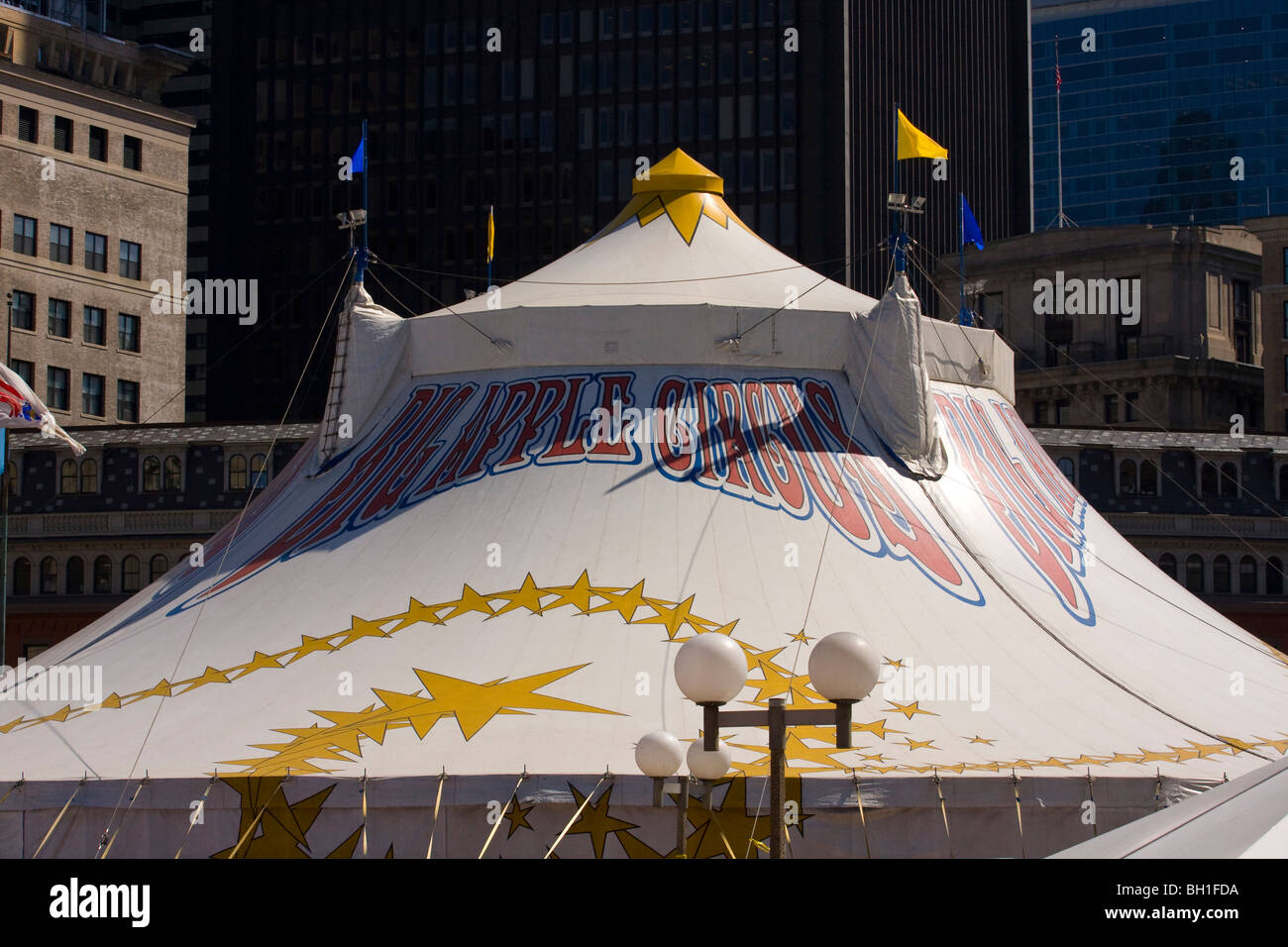 Big Apple Circus tent amongst skyscrapers in Government Center, Boston, Massachusetts. Stock Photo