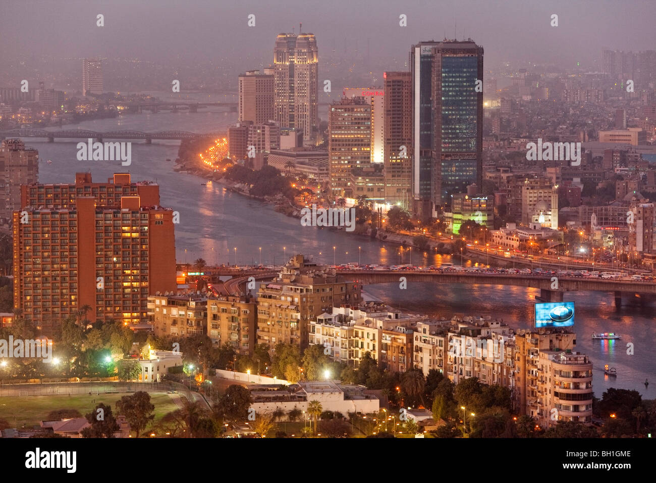 View at the high rise buildings of Zamalek district on the island of Gezira in the evening, Cairo, Egypt, Africa Stock Photo