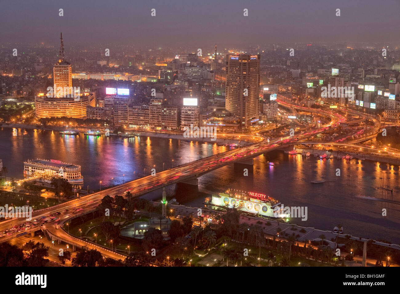 View at the Nile and Zamalek district on the island of Gezira in the evening, Cairo, Egypt, Africa Stock Photo