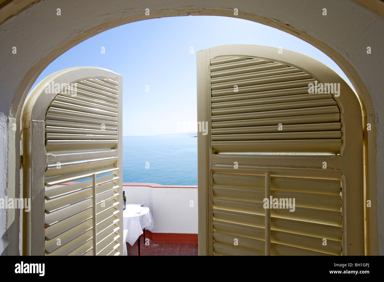 Deserted balcony with sea view, Atelier sul Mare hotel, Castel di Tusa, Sicily, Italy, Europe Stock Photo