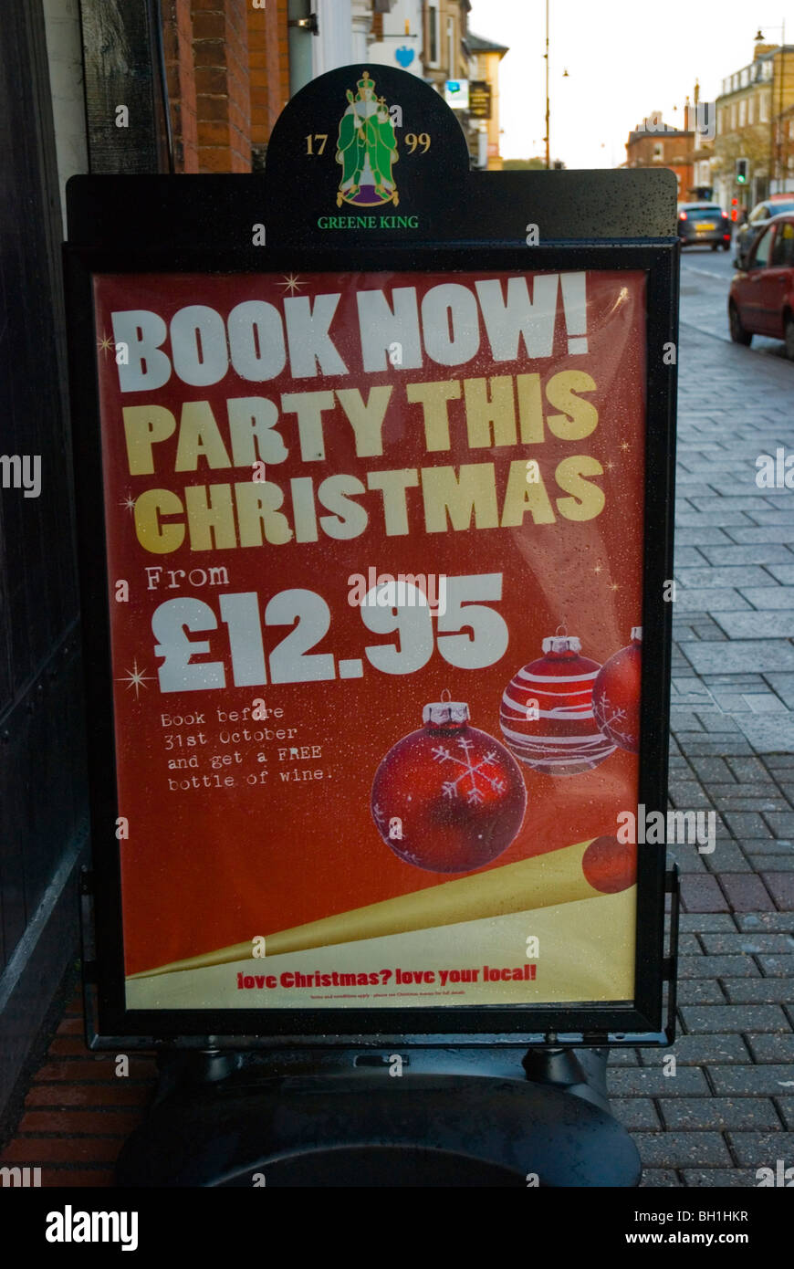 Christmas party sign High street Newmarket Suffolk England UK Europe Stock Photo