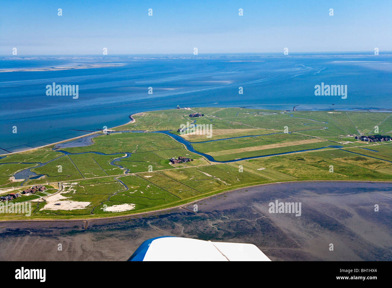 Aerial shot of Hooge hallig, North Frisian Islands, Schleswig-Holstein, Germany Stock Photo