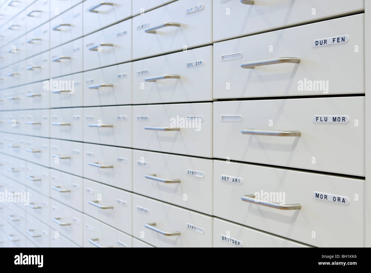 Medicine drawers at a pharmacy Stock Photo