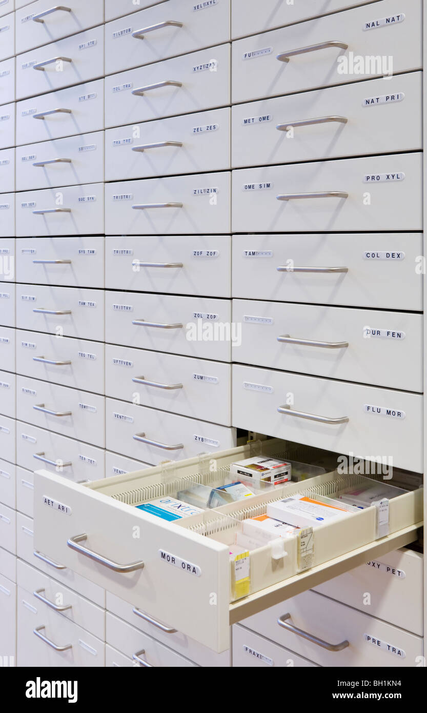 Medicine drawers at a pharmacy Stock Photo