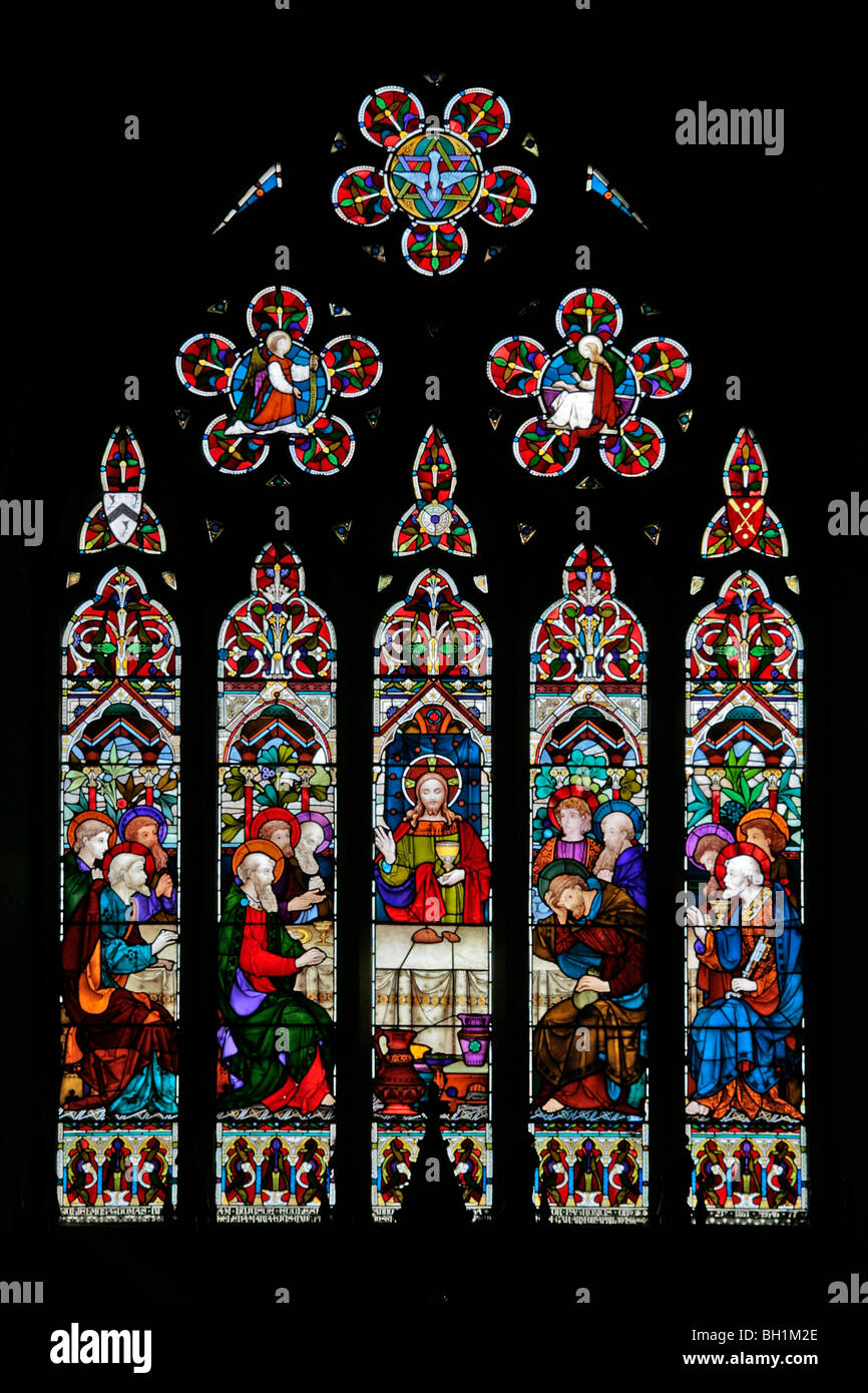 A stained glass window depicting The Last Supper, All Saints Church, Allesley, Coventry Stock Photo