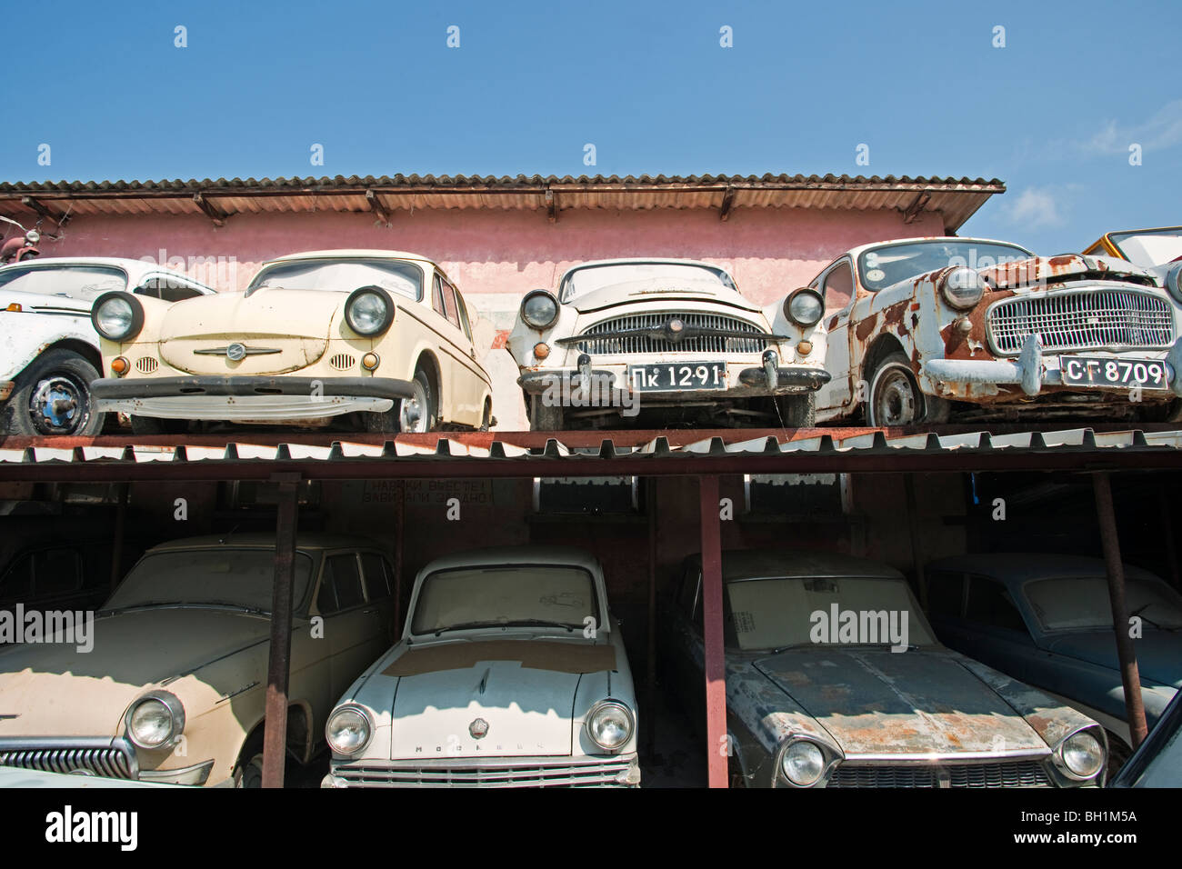 rows of collected old cars in Garage Bulgaria Stock Photo