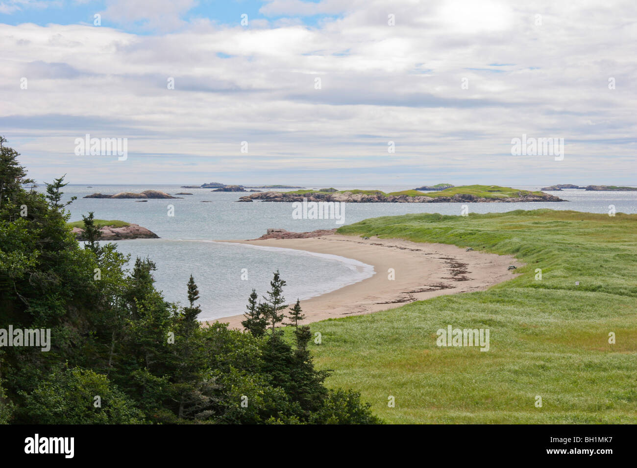 A view of the sea, offshore islands, the beach, forest, and marshland