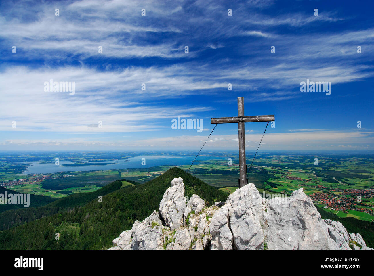 cross on summit of Friedenrath and view to lake Chiemsee and the valley of  Grassau, Chiemgau, Upper Bavaria, Bavaria, Germany Stock Photo - Alamy