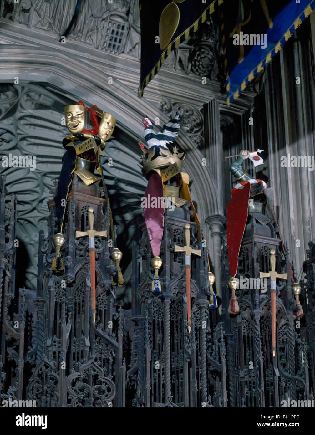 Trophies & arms of the Most Honourable Order of the Bath on canopies above stalls in the Henry VII Chapel Westminster Abbey Stock Photo