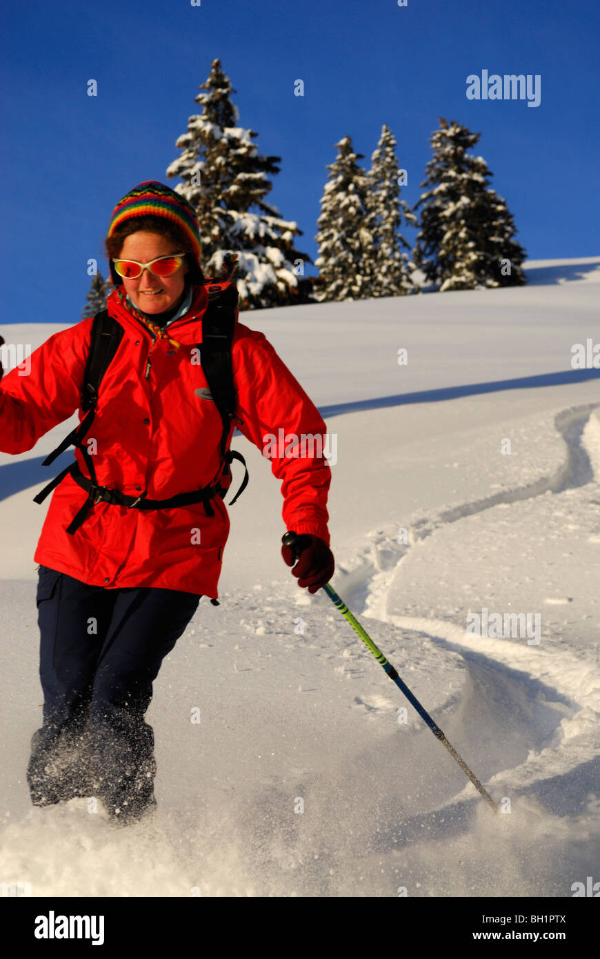 Female skier, downhill skiing in snowcovered mountain scenery