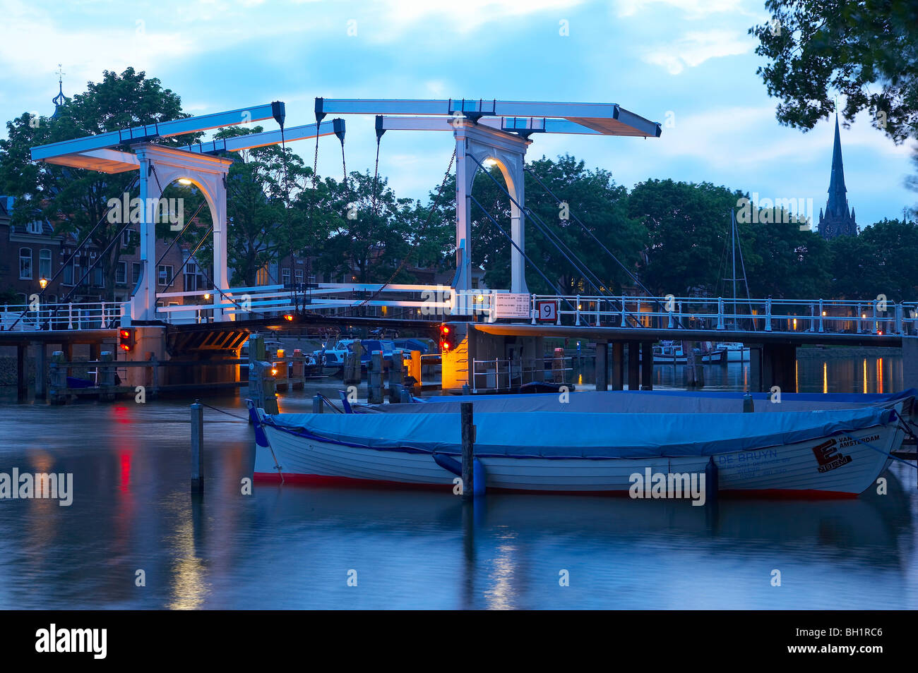 View at a bascule bridge at the river Vecht in the evening, Weesp, Netherlands, Europe Stock Photo