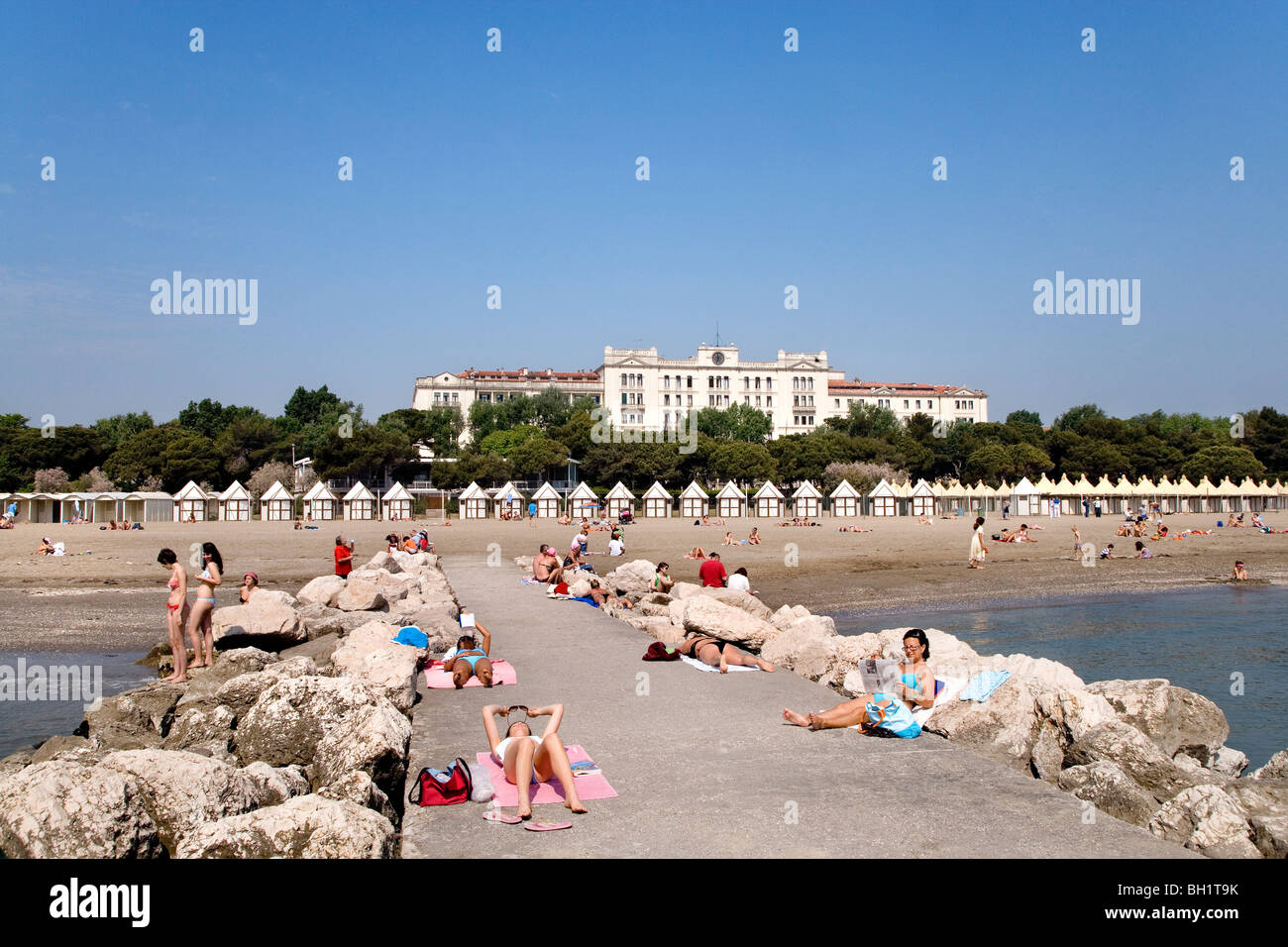 Beach, Hotel des Bains, Lido, Venice, Laguna, Veneto, Italy Stock Photo