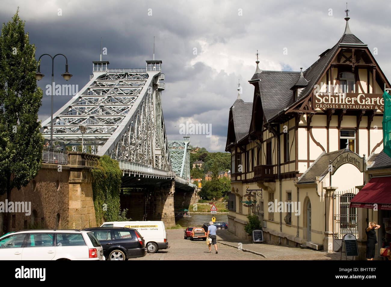 Loschwitz Bridge (Blue Wonder), Dresden, Saxony, Germany Stock Photo