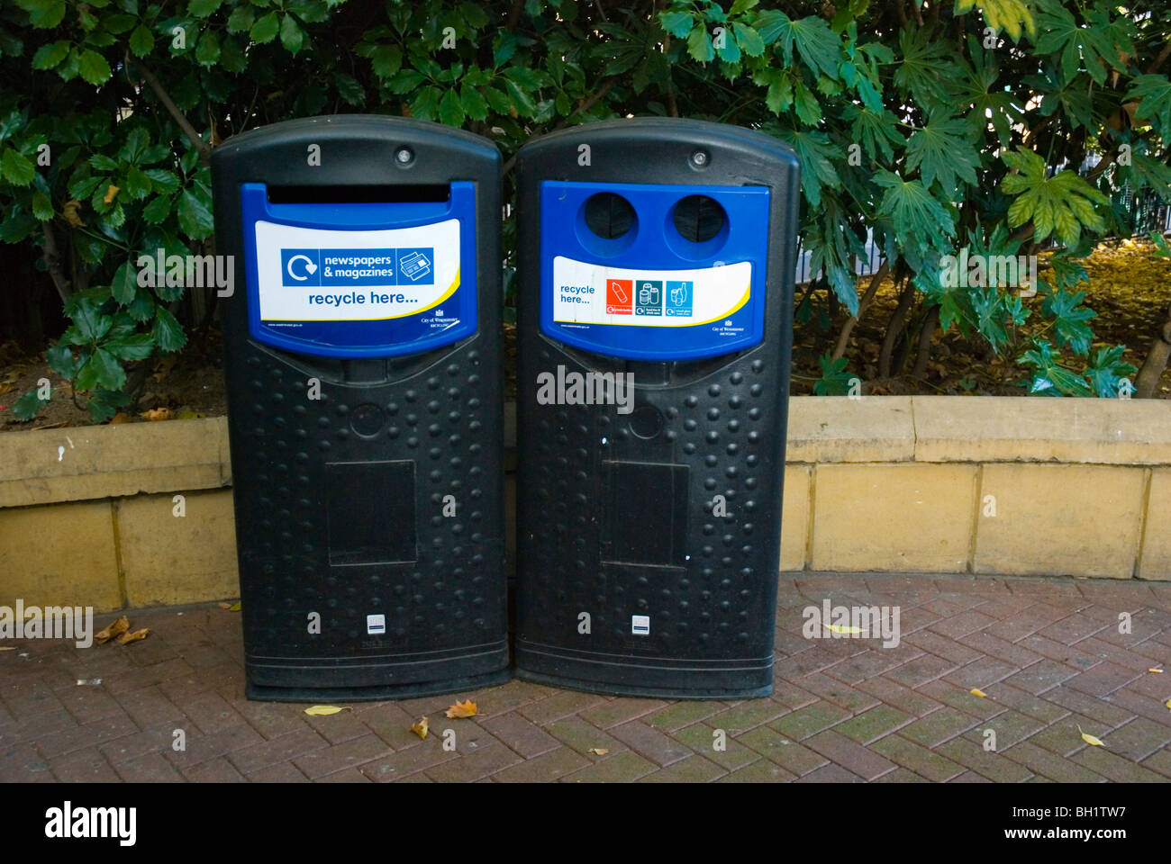 Recycling bins Victoria Embankment Gardens central London England UK