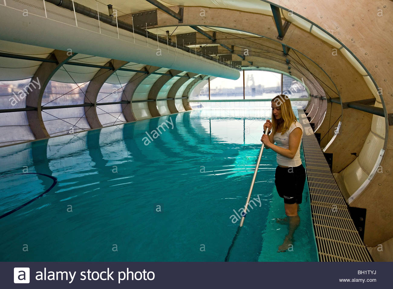 Badeschiff, cleaning the floating swimming pool, Berlin Stock Photo