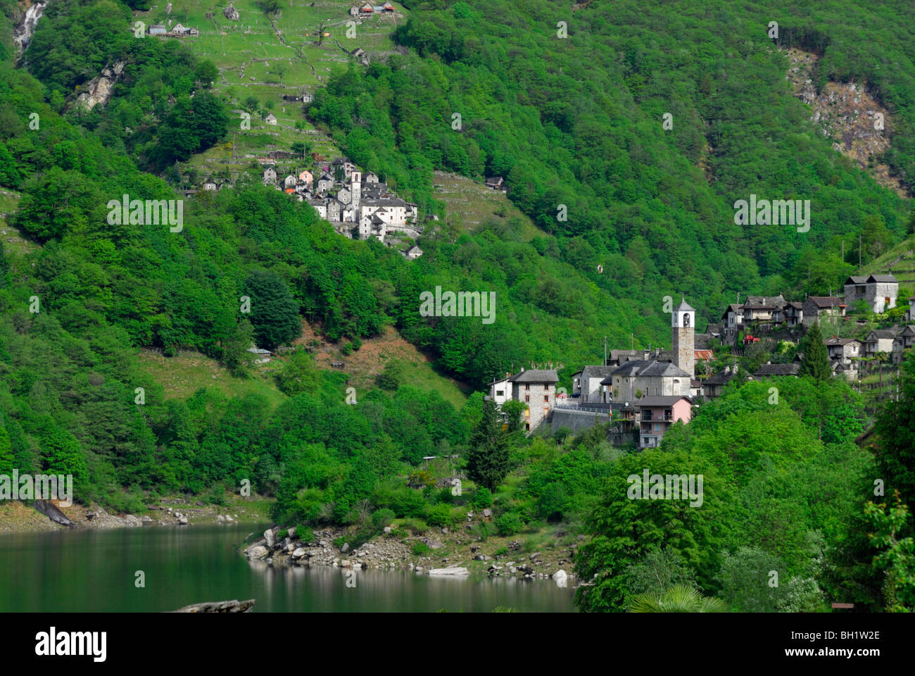 villages of Crippo und St. Bartholomeo above reservoir of Verzasca, valley of Verzasca, Verzascatal, Ticino, Switzerland Stock Photo