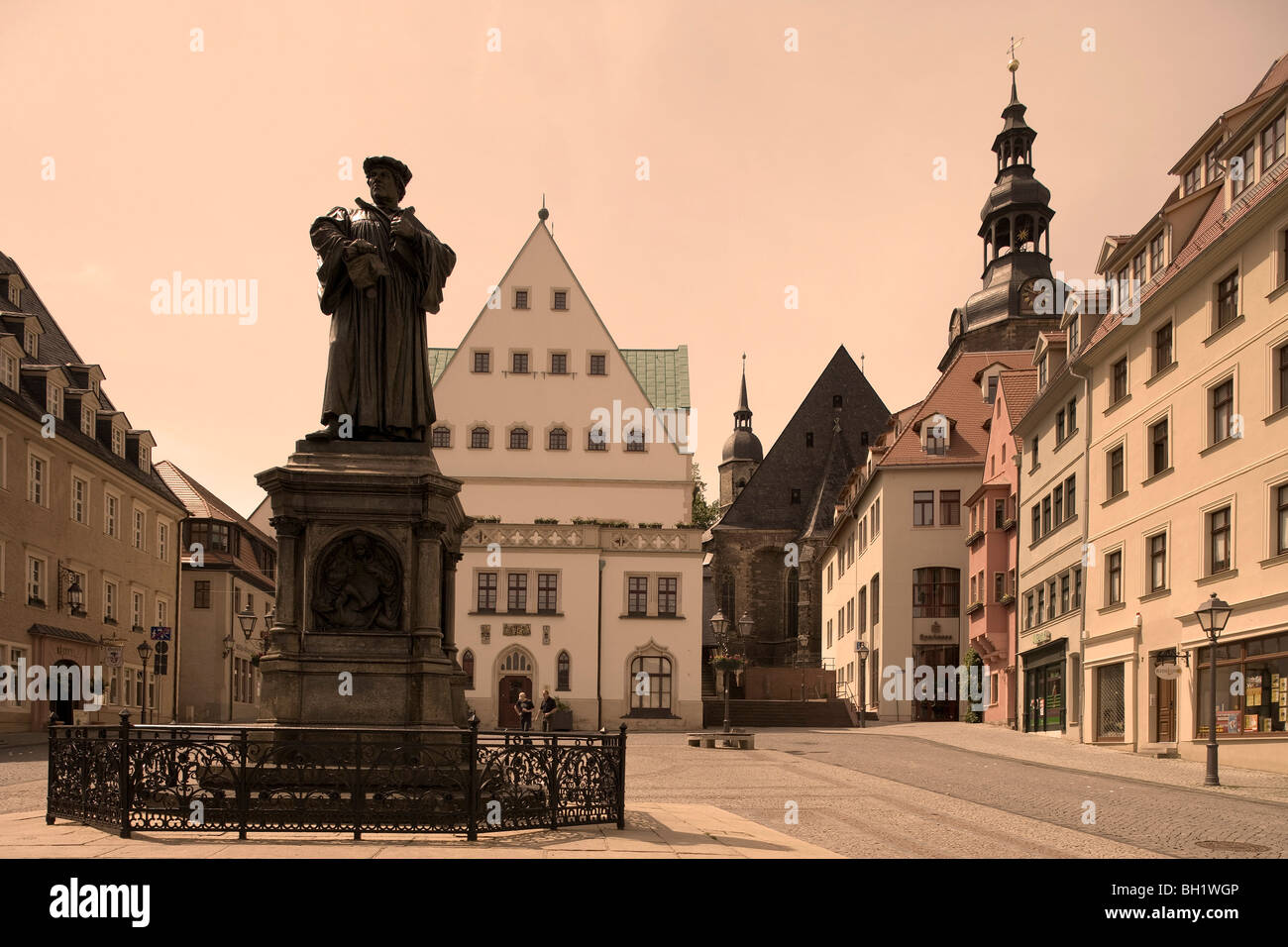 Market square with town hall, St. Andreas Church and Martin Luther memorial. Since 1996 Eisleben is a member of the UNESCO World Stock Photo