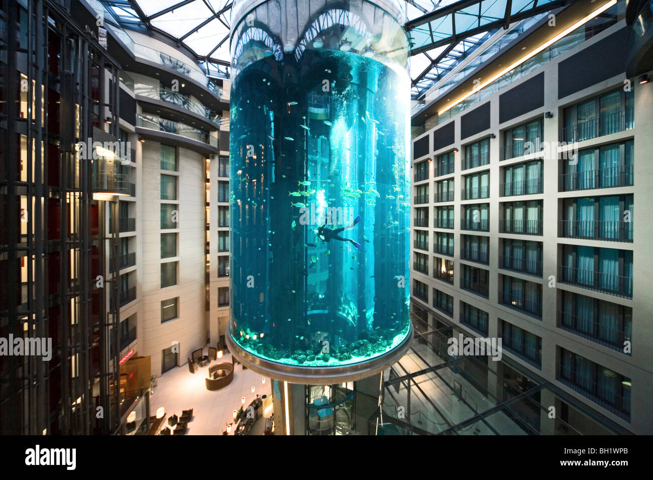 the 5 star Radisson SAS Hotel features the world's largest cylindrical aquarium. entrance to Aqua Dom, a diver cleans the tank, Stock Photo