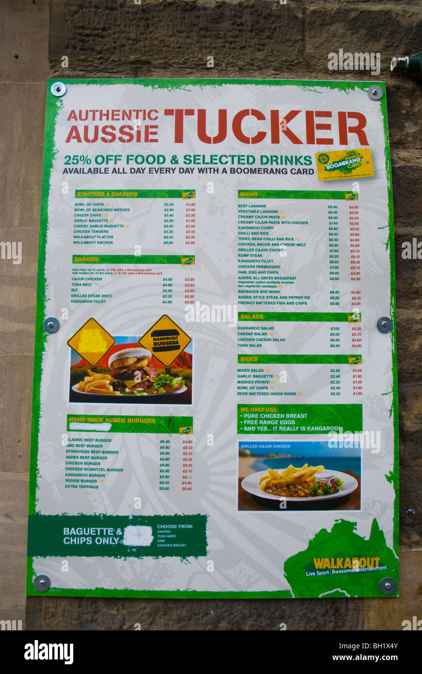 Menu of Walkabout Australian bar Charing Cross Road central London England UK Stock Photo