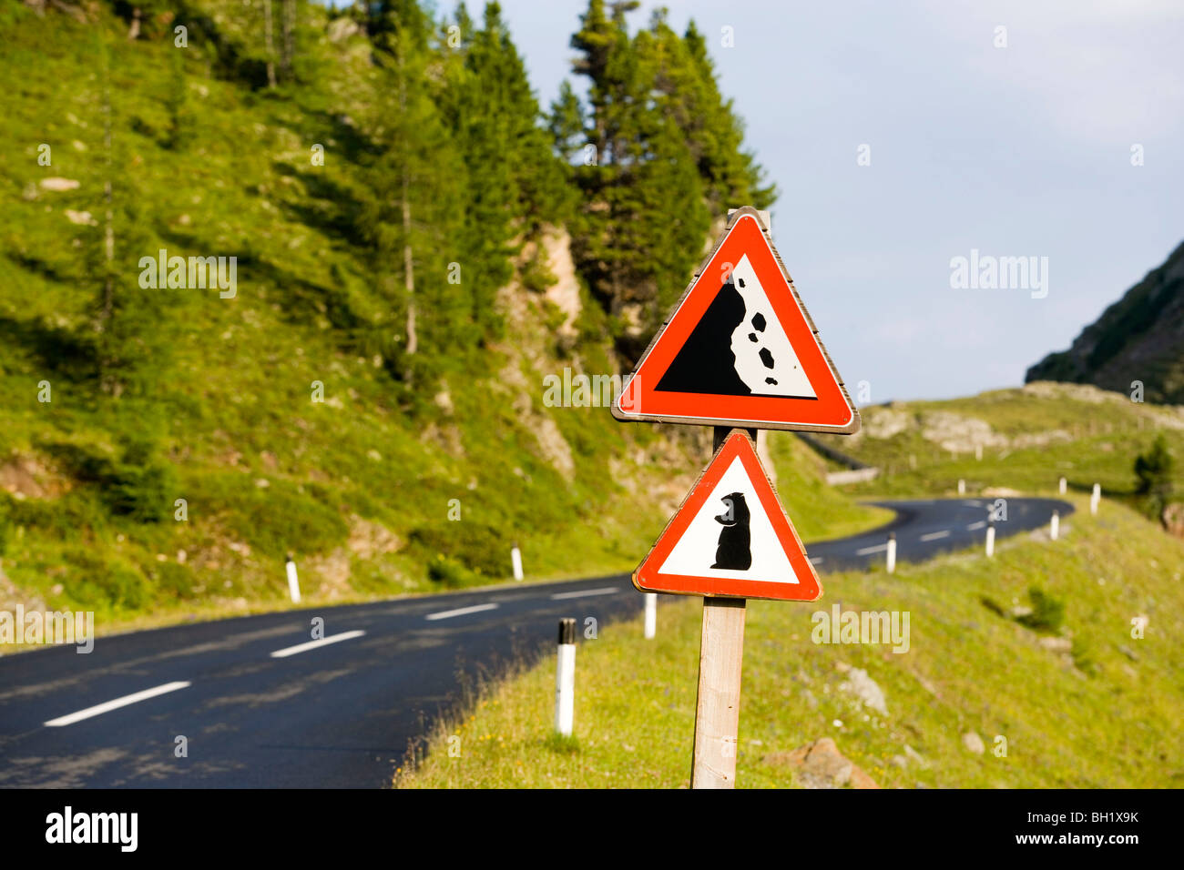 Danger Warning Road Signs Falling Rocks And Marmots At Nockalm Road Stock Photo Alamy