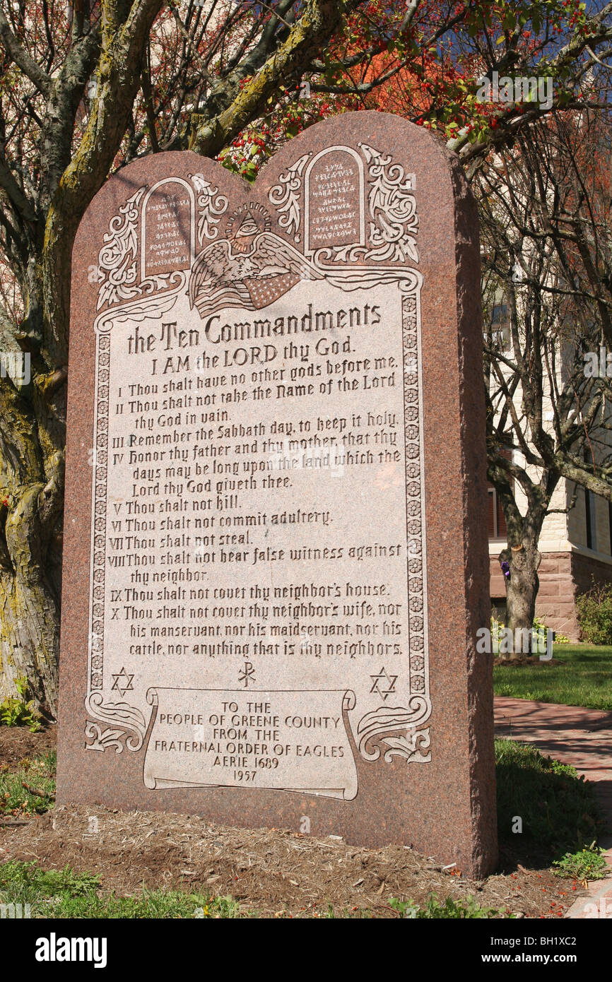 Ten Commandments Monument in front of Greene County Courthouse, Xenia, Ohio, USA. Stock Photo
