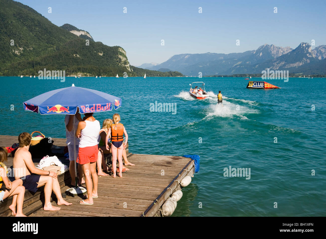 Waterski school at lake Wolfgangsee, St. Gilgen, Salzkammergut, Salzburg, Austria Stock Photo