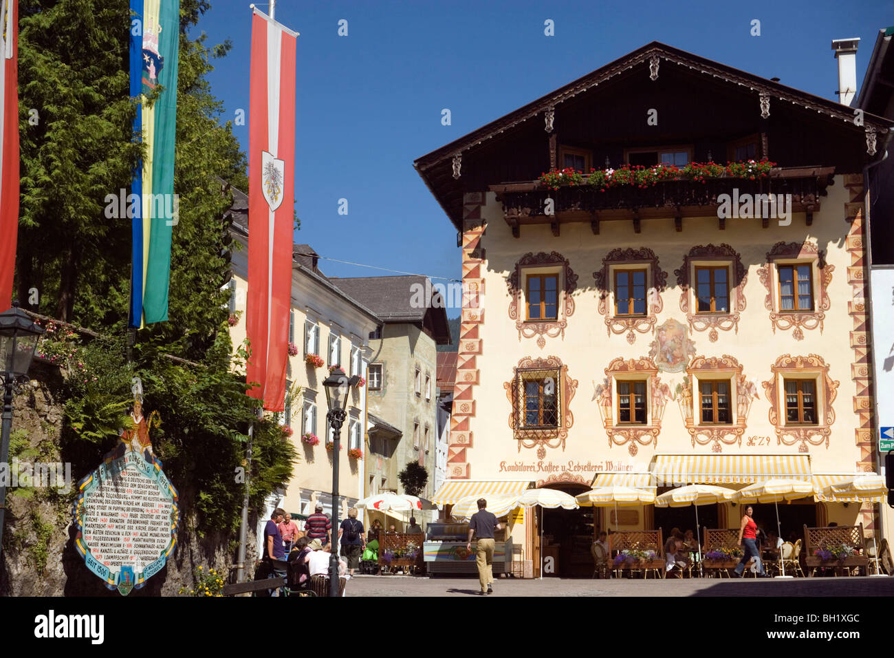 Market place with Cafe Konditorei Wallner, St. Wolfgang, Upper Austria, Salzkammergut, Austria Stock Photo