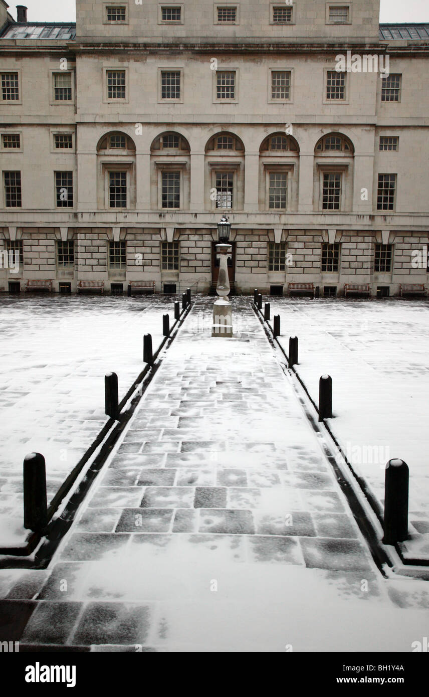 Snow-covered courtyard of the Queen Mary's Block, Royal Naval Hospital, Greenwich. Stock Photo