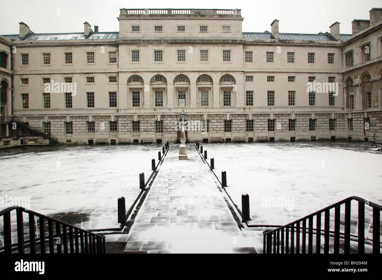 Snow-covered courtyard of the Queen Mary's Block, Royal Naval Hospital, Greenwich. Stock Photo