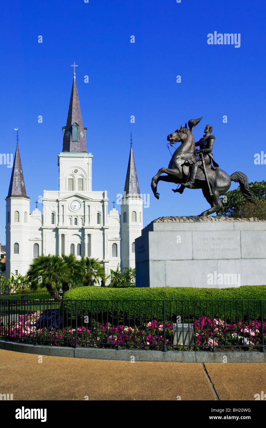 St. Louis Cathedral with the statue of General Jackson in Jackson Square New Orleans, Louisiana, United States Stock Photo