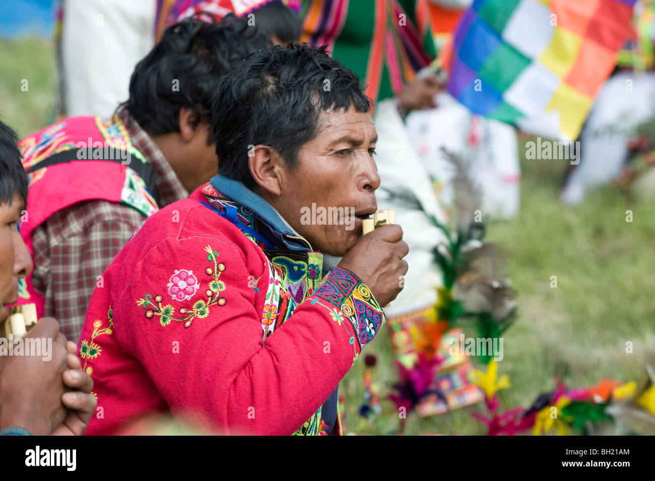 Andean musicians in the altiplano. Portrait. Stock Photo